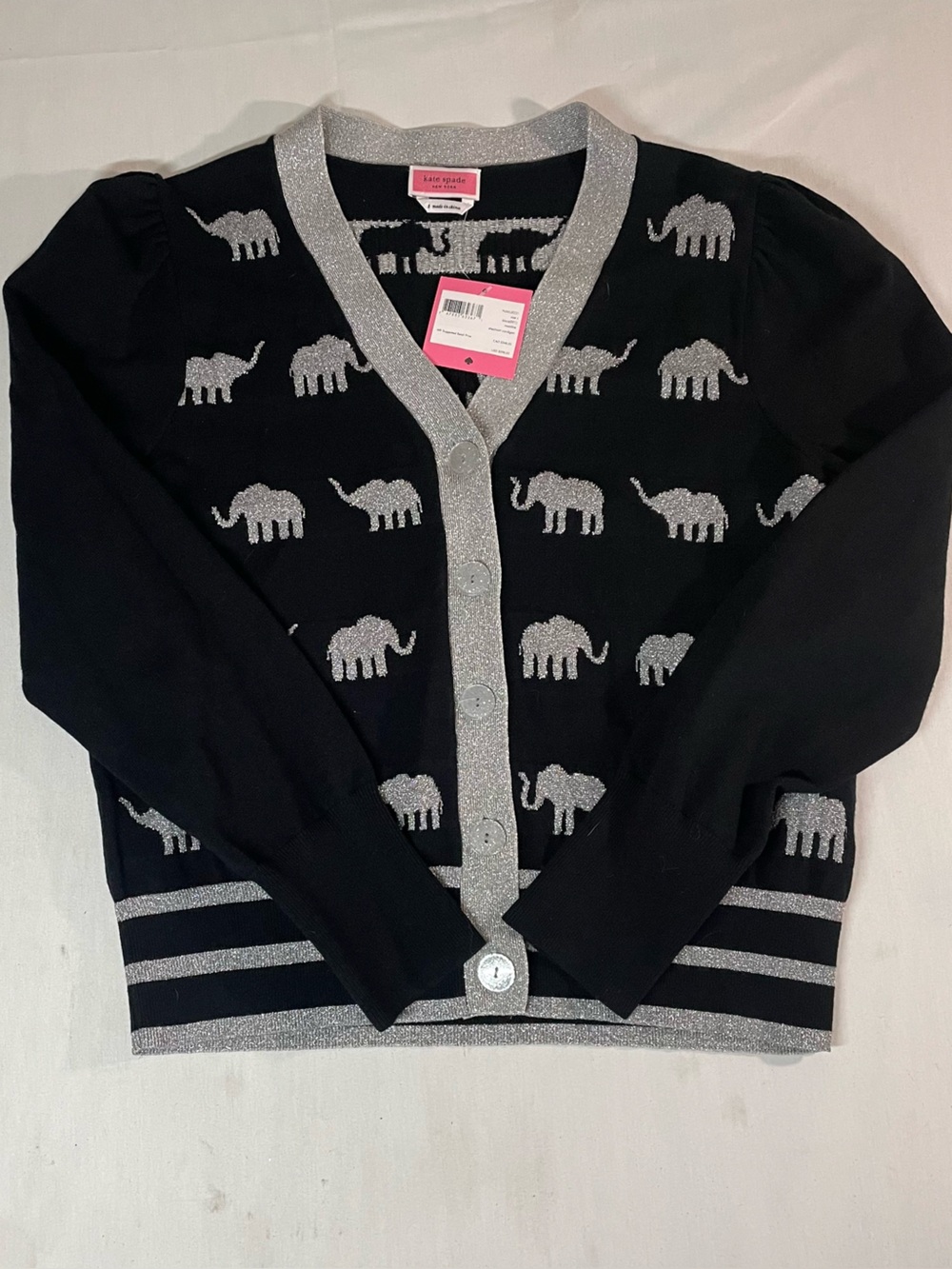 kate spade Black Cardigan with Silver Glitter Elephant Motif